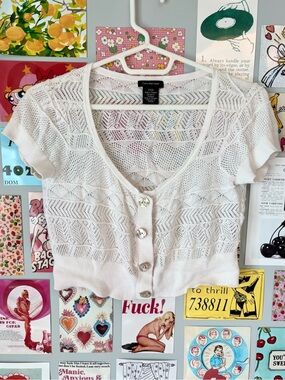 Calvin Klein Jeans White Crochet Short Sleeve Cardigan